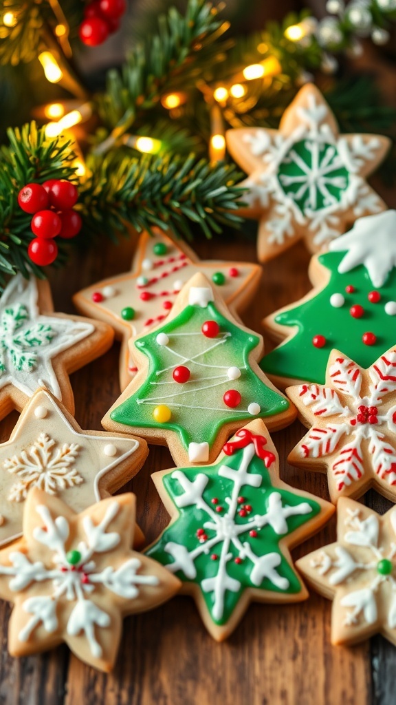 Christmas Sugar Cookie Recipe Decorated Christmas sugar cookies in festive shapes with icing and sprinkles on a holiday-themed table.
